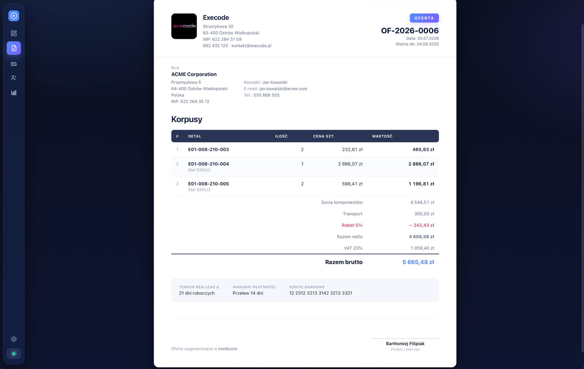 exeQuote — podgląd gotowej oferty PDF: logo i dane firmy, dane klienta, tabela pozycji z cenami, transport, rabat, VAT, razem brutto, termin realizacji i warunki płatności