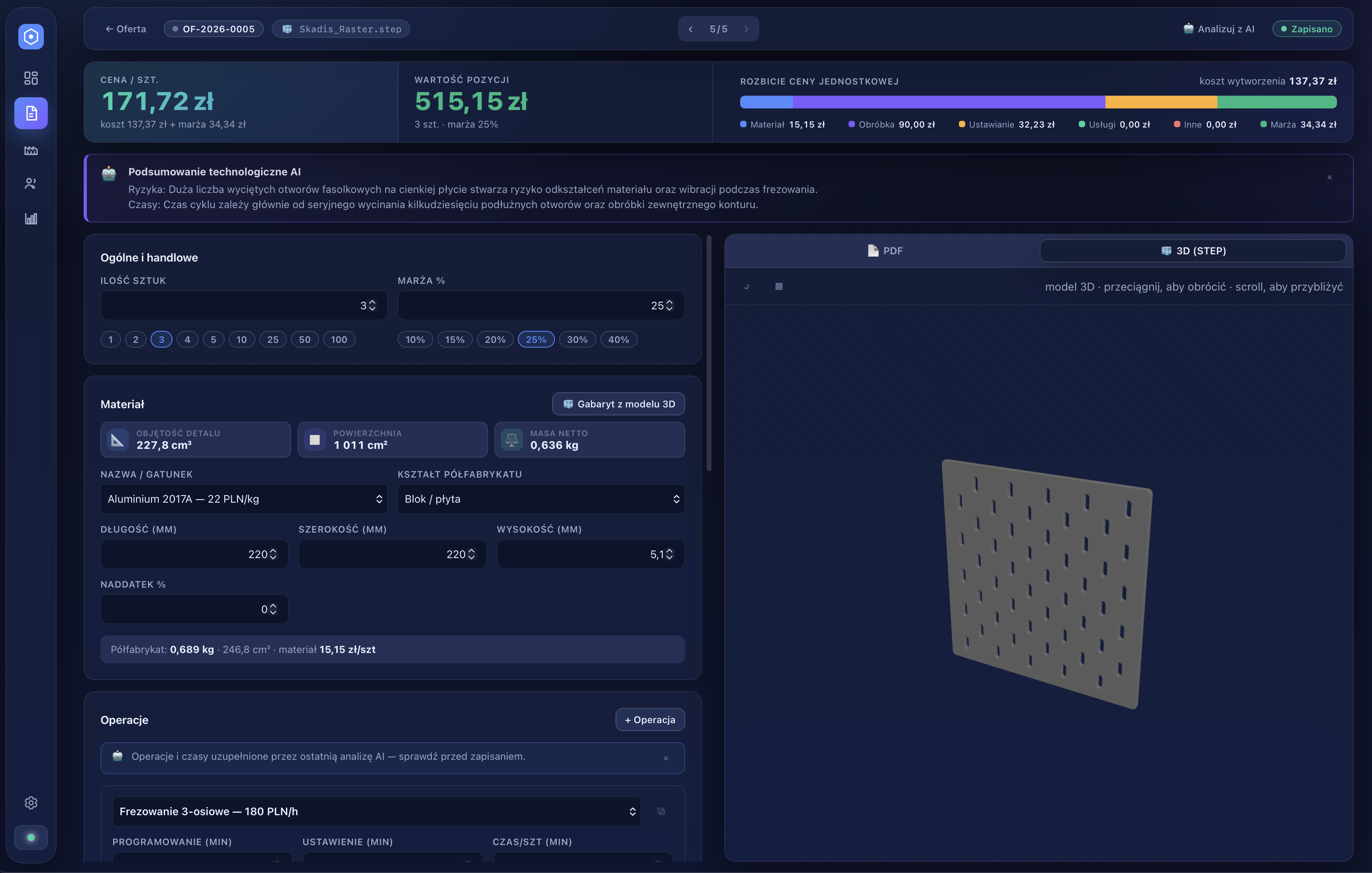 exeQuote — wycena z modelem STEP: podgląd bryły 3D obok formularza wyceny, gabaryt detalu rozpoznany automatycznie z pliku STEP
