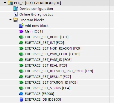 Drzewo Program blocks z gotową biblioteką funkcji EXETRACE: SET_BOOL, SET_INT, SET_NOK_REASON, SET_PART_CODE, SET_PART_ID, SET_REAL, SET_RELATED_PART_CODE, SET_RESULT, SET_STATION_ID, SET_STRING oraz blok komunikacyjny EXETRACE (FB900)